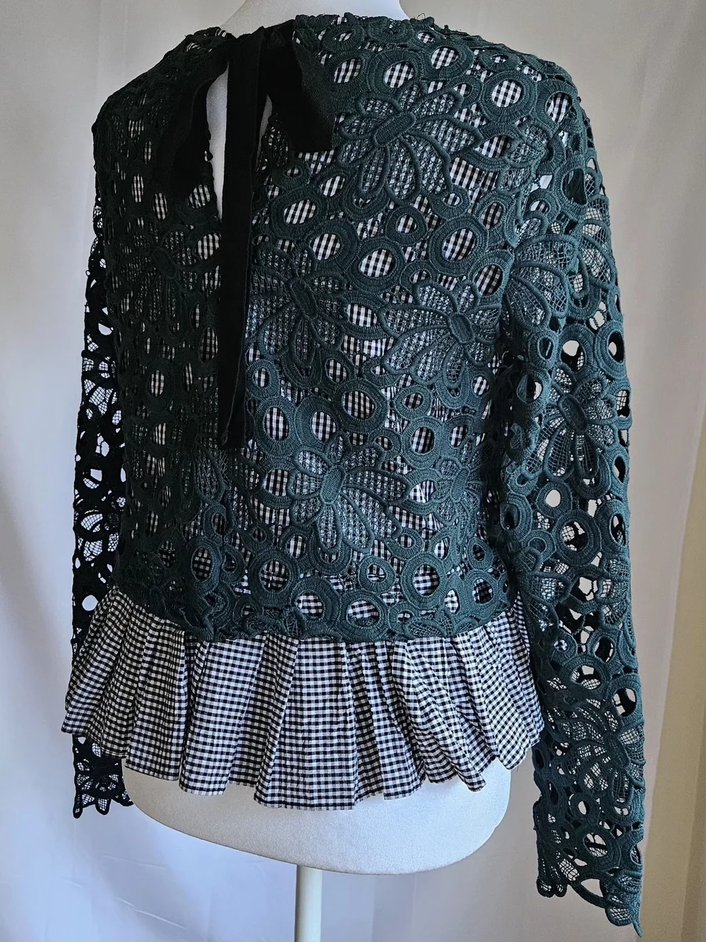 ​Maeve Anthropologie Dark Green Floral Guipure Lace & Gingham Peplum Blouse,Sz S